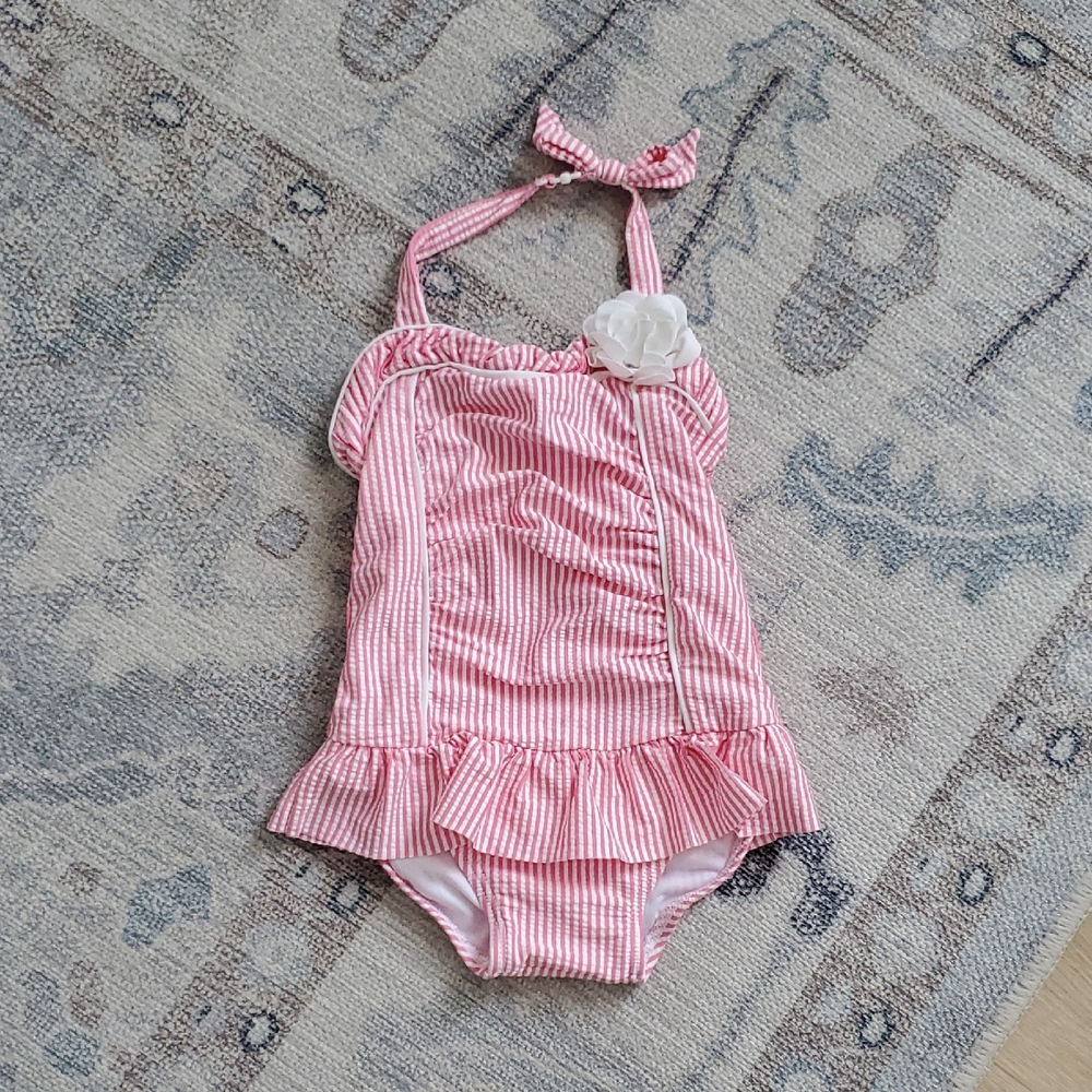 Janie and Jack Baby Girls Paradise Pink Seersucker Floral Swimsuit Sz18-24m